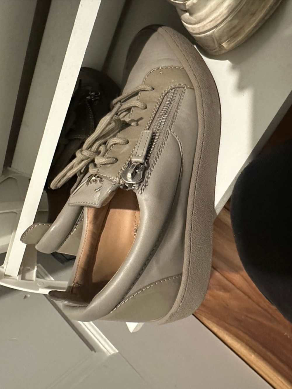Men's Leather Lace-Up Sneaker with Side Zip - Taupe